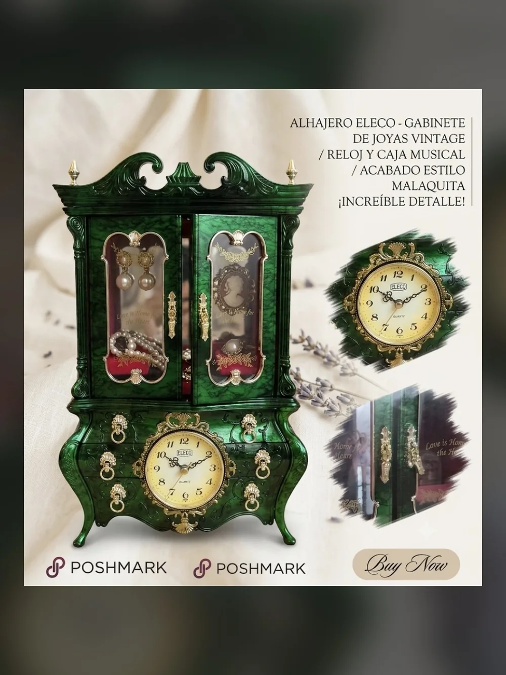 Vintage-Style Green Malachite Wall Jewelry Cabinet Clock by